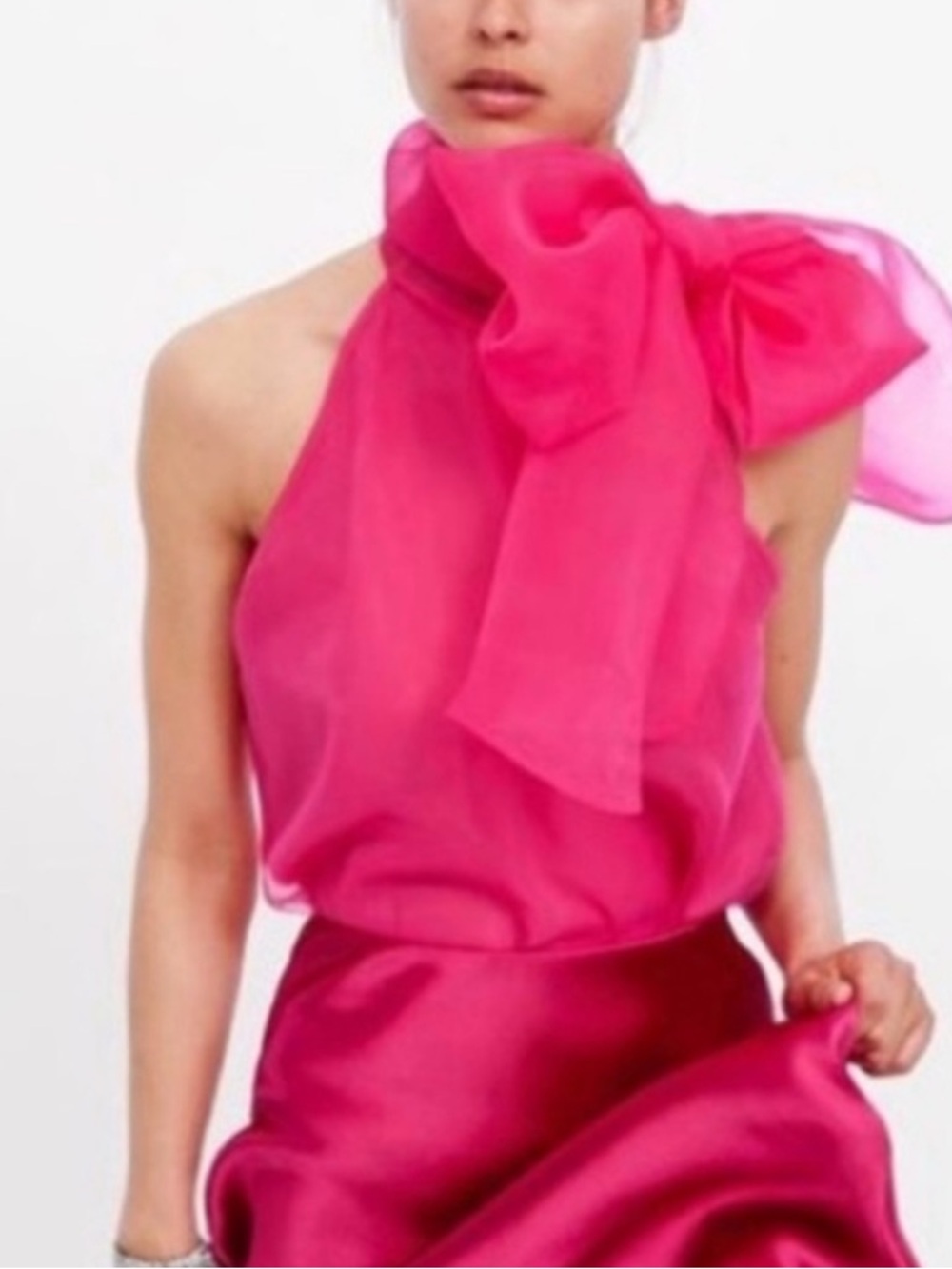 ZARA Bright Pink Semi Sheer Sleeveless Big Tie Neck PussyBow Halter Top